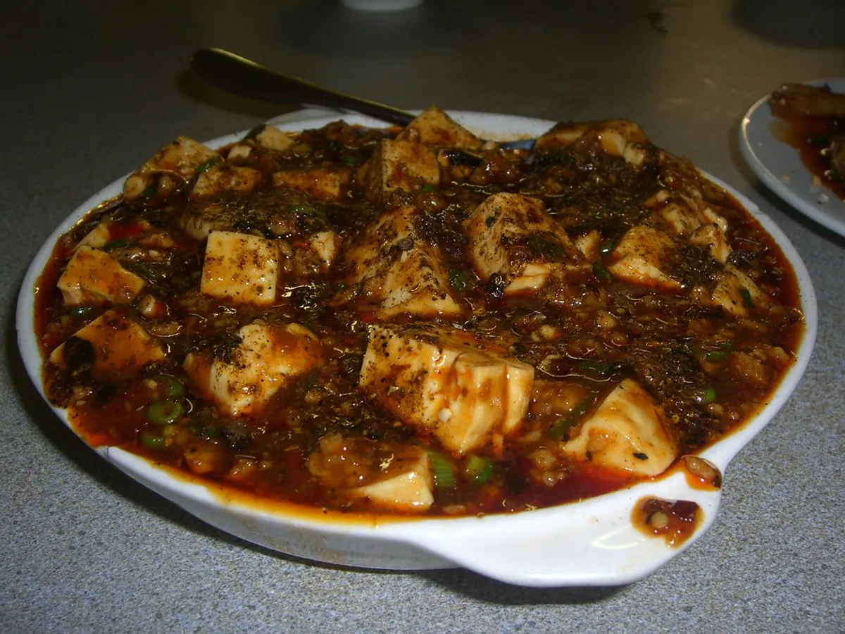 Mapo tofu topped with Sichuan pepper and scallions
