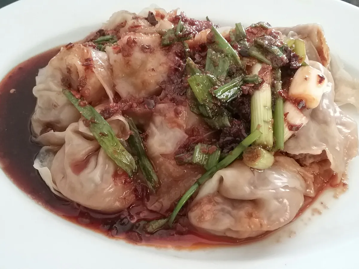 Chengdu wontons dressed in red chili oil