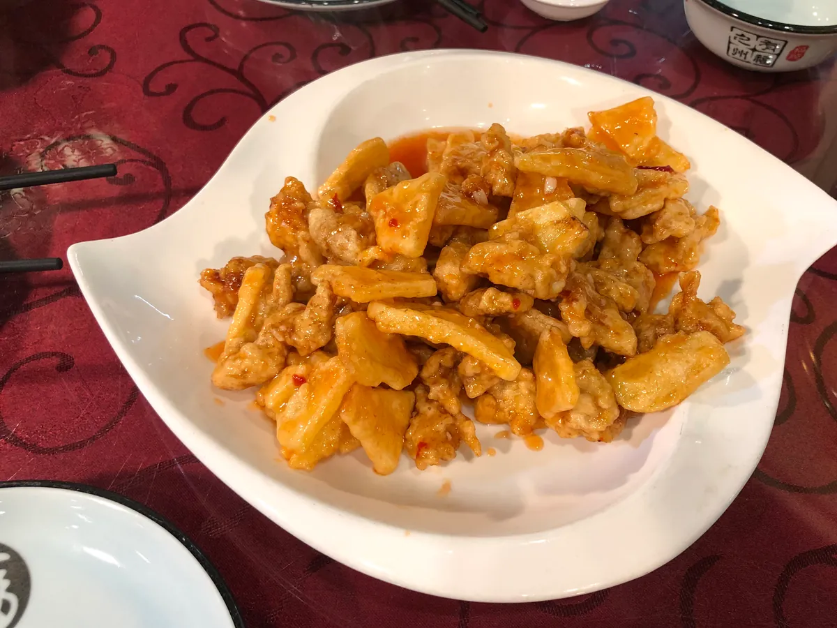 Fuzhou lychee pork coated in bright sweet-sour glaze
