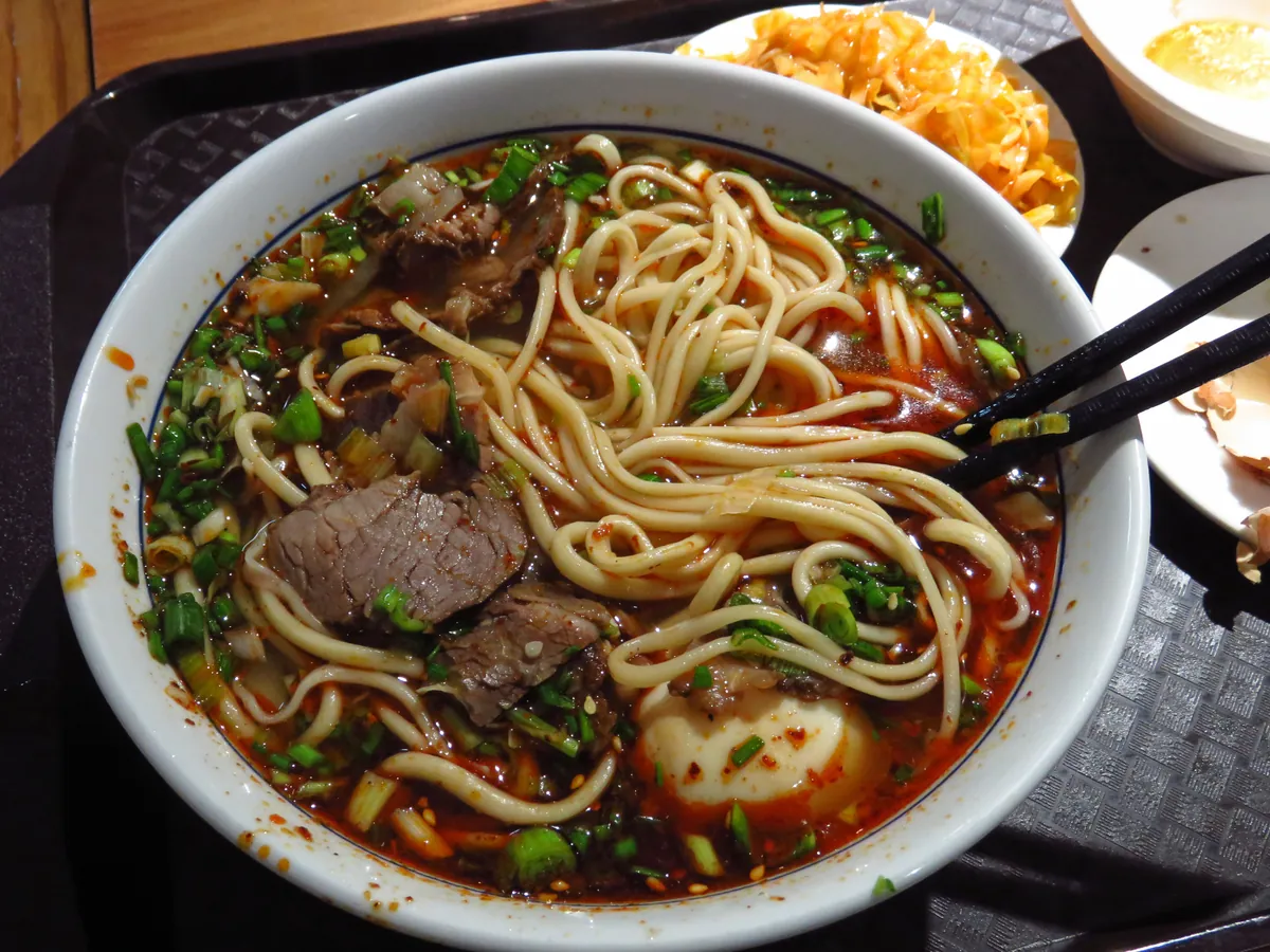 Lanzhou beef noodles with beef, radish, and chili oil