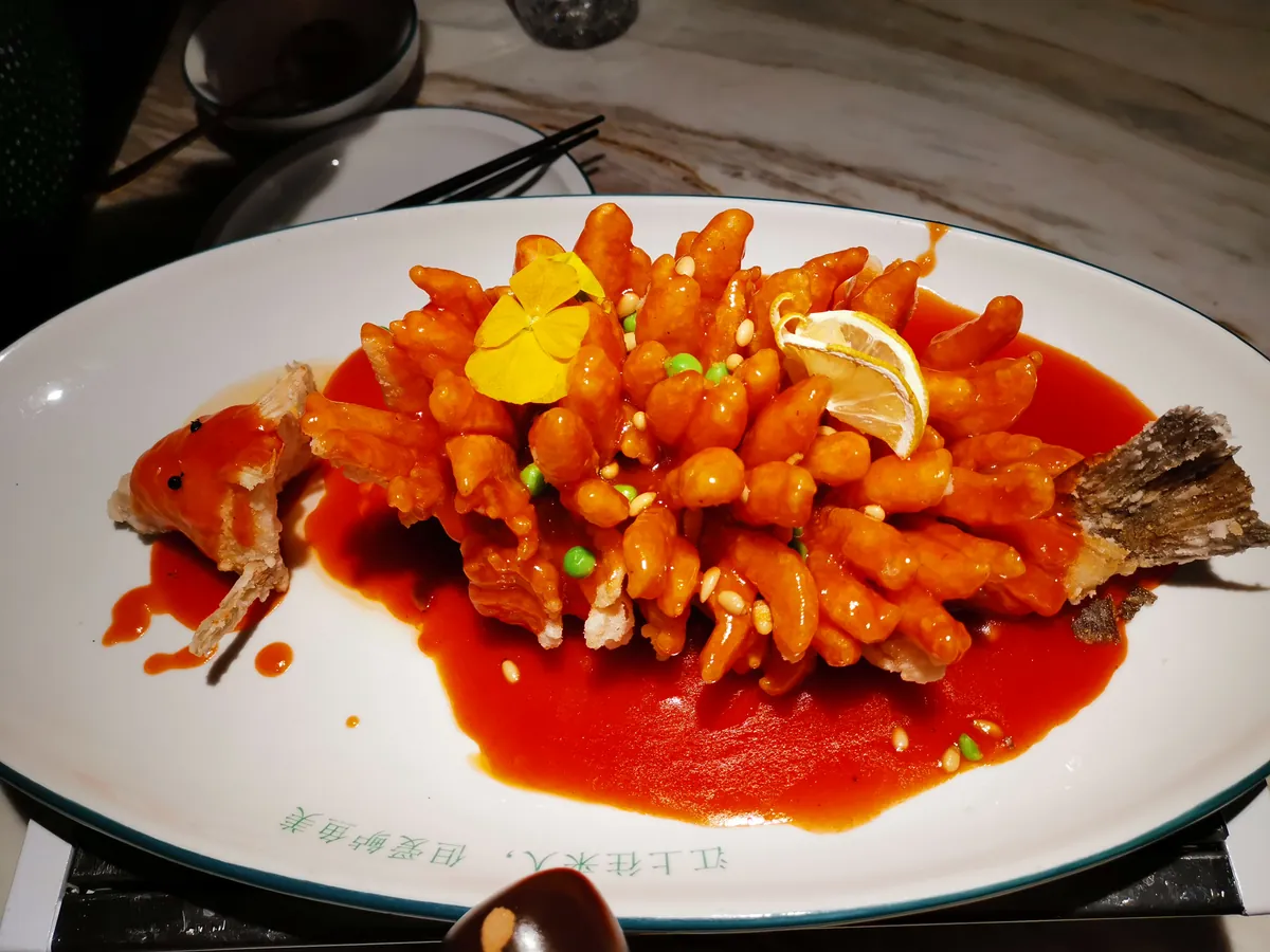 Suzhou squirrel-shaped mandarin fish with crisp scored flesh and sweet-sour sauce