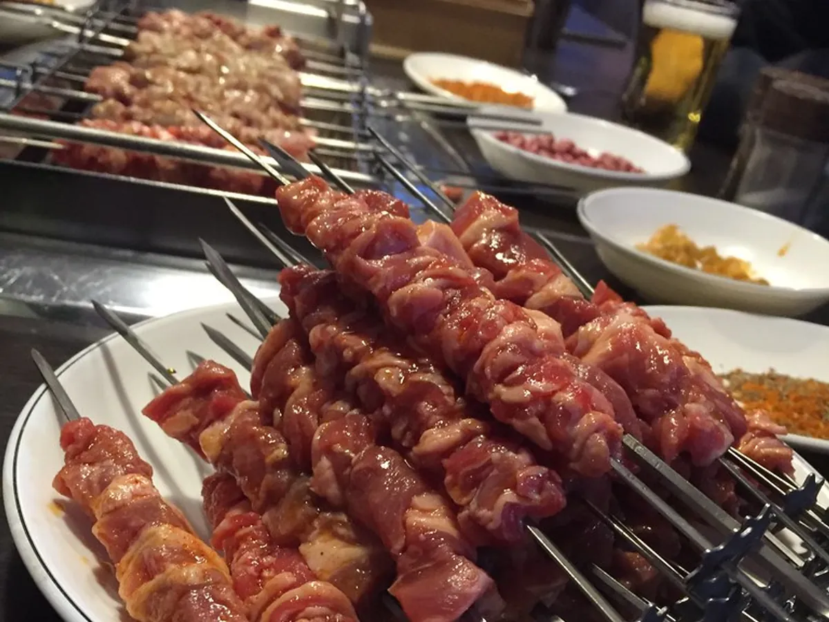 炭火烤架上的肉串